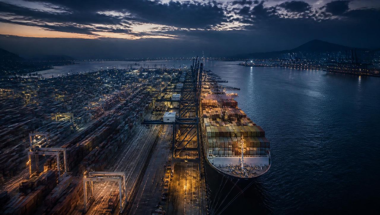 Global shipping port at dusk with cargo containers and container ship