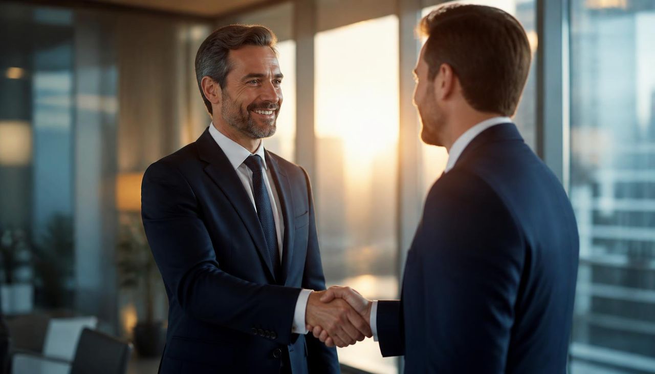 Two executives shaking hands in a modern corporate office