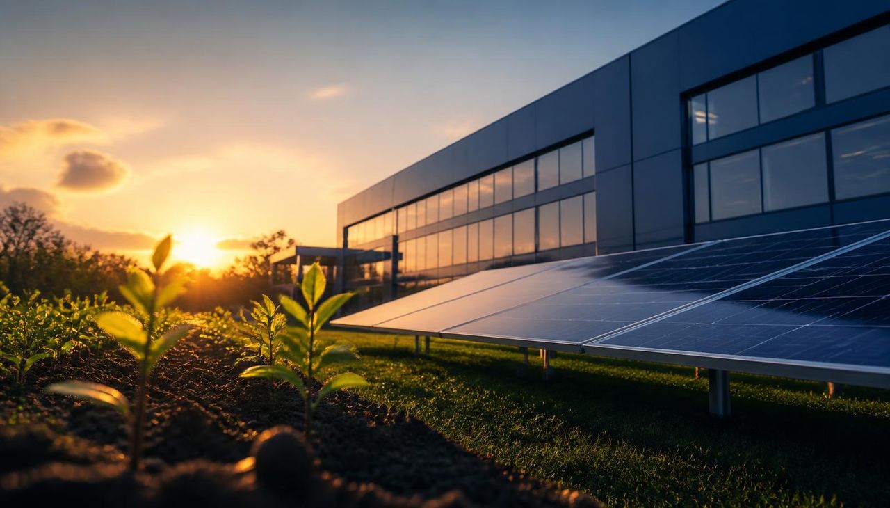 Green saplings and solar panels beside a modern production facility at sunset